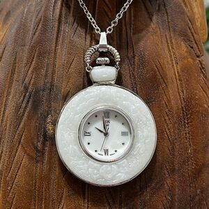 NWOT Eon 1962 Swiss Movement Carved Natural Jade Sterling Silver Watch Necklace